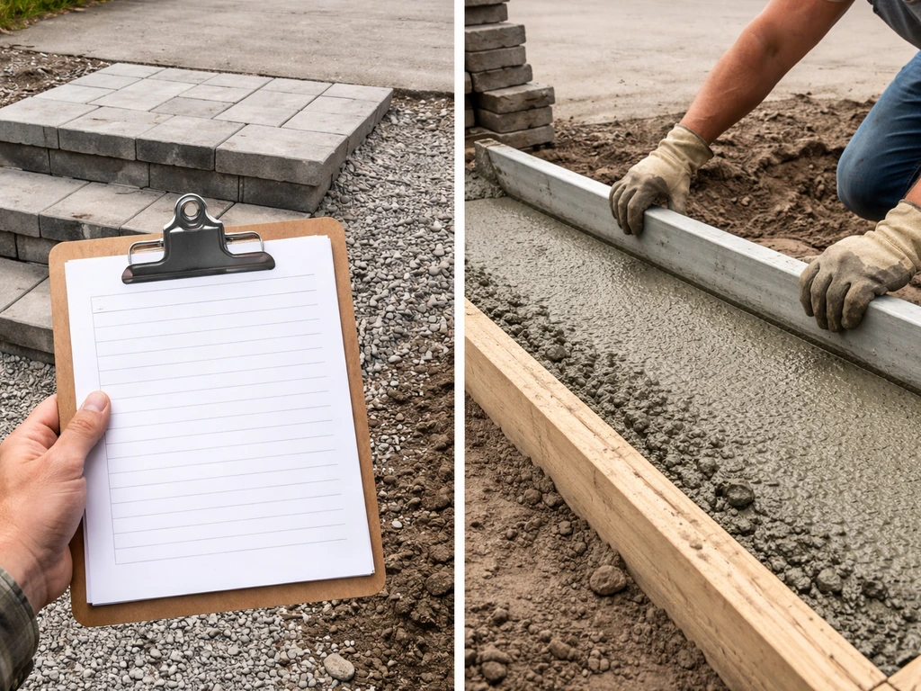 Hands reviewing a checklist next to paver steps and wet concrete forming for DIY vs contractor contrast