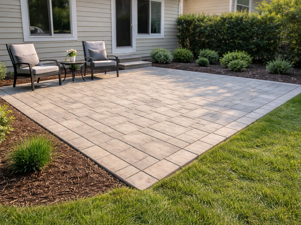 Completed stone patio in a backyard showing clear scale with outdoor furniture and natural landscaping.