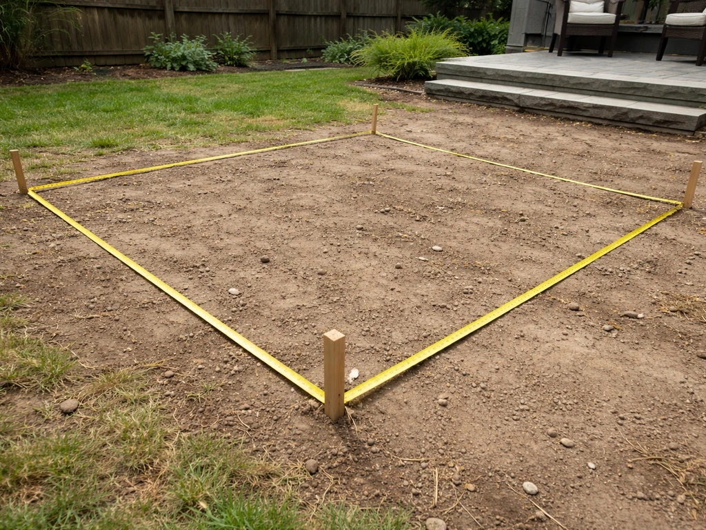 Measuring tape and stakes marking a square patio area in a backyard for budgeting square footage.