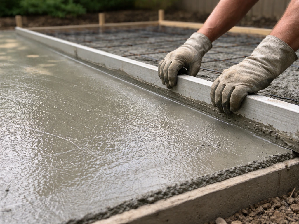 Close-up of hands smoothing a fresh concrete patio pour with visible wet texture and forms.