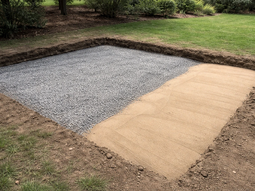 Leveled excavated patio area with compacted gravel base and thin bedding sand layer ready for pavers.