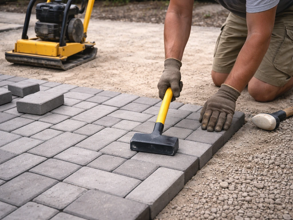Construction worker compacts and installs concrete pavers for a patio in natural light.