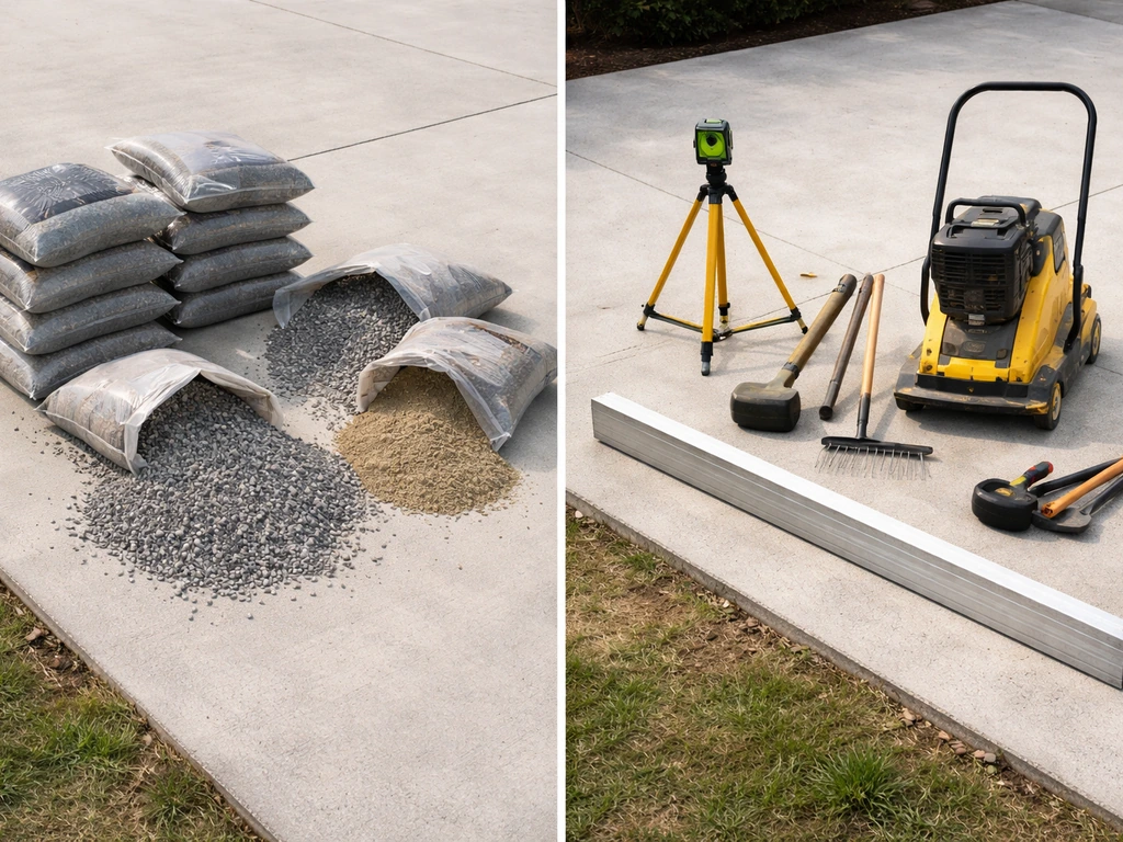 Minimal patio DIY setup: paver bags and base gravel beside contractor tools like a laser level and compactor.