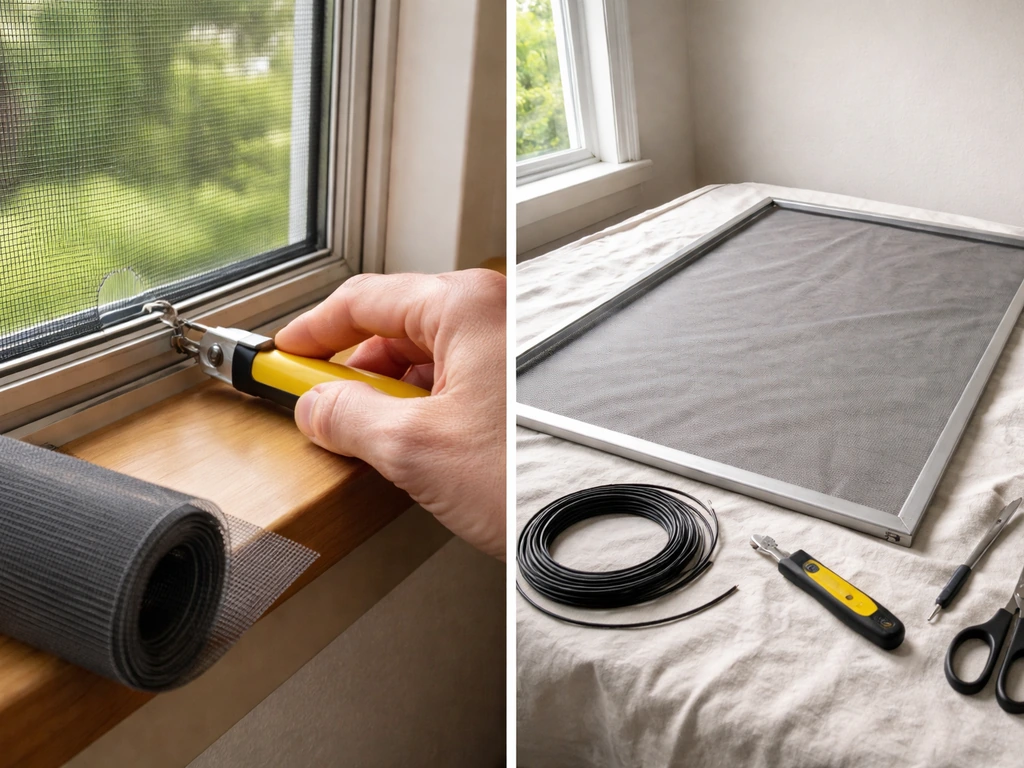 Split view showing a small torn window screen patch next to a full rescreen setup with tools.