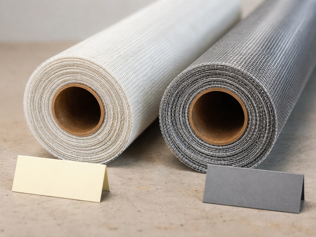 Close-up of fiberglass and aluminum patio screen mesh rolls on a workbench with blank comparison cards.