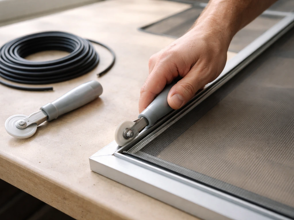 Close-up of installing window screen spline with a roller tool on a re-meshed frame, spline roll nearby.