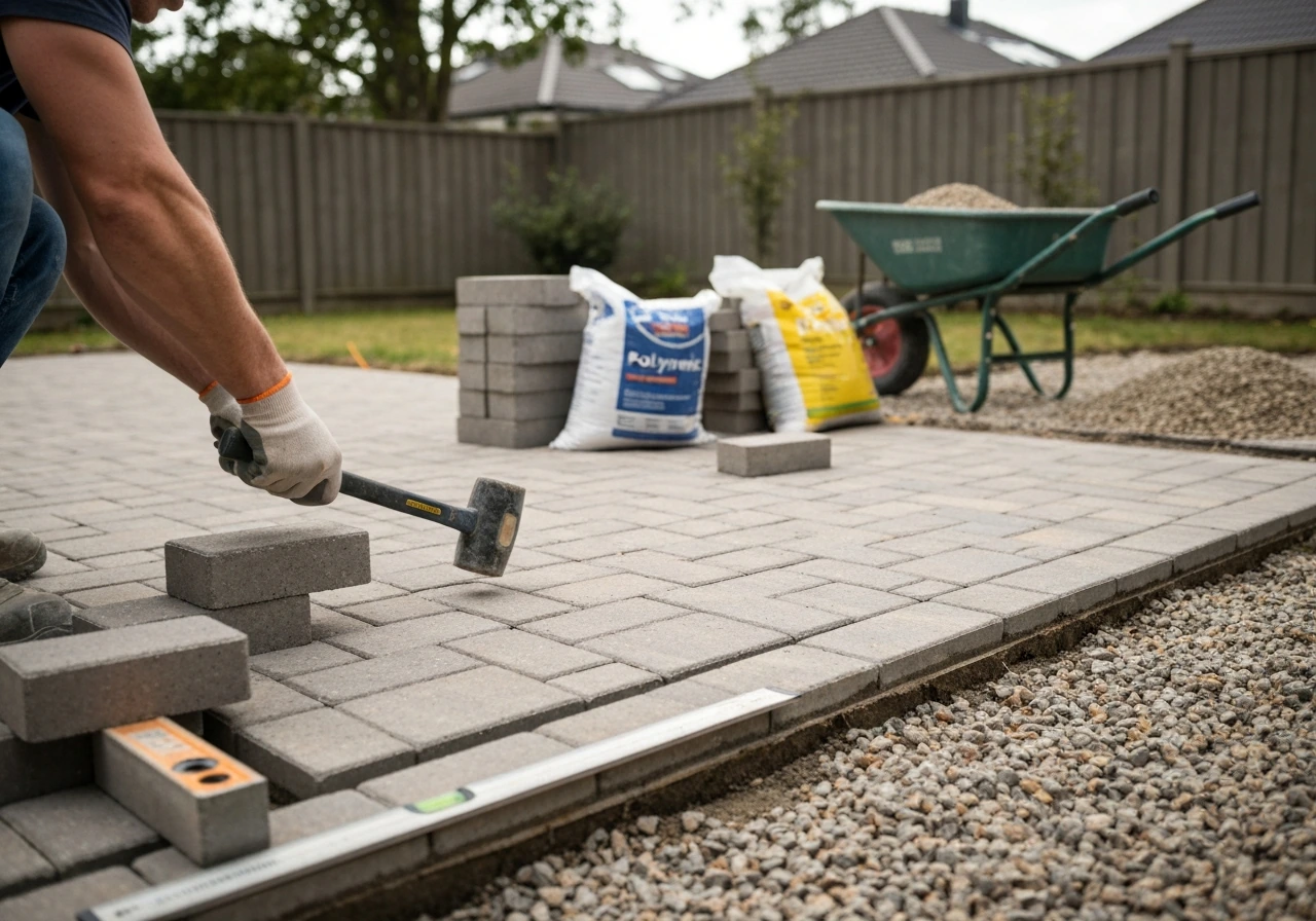 Contractor laying pavers on a freshly installed backyard patio with tools and gravel visible