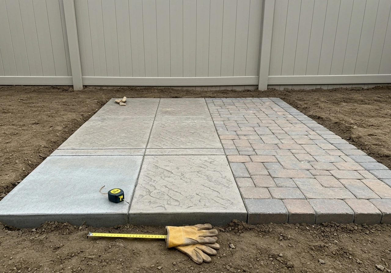 Outdoor backyard photo showing concrete, stamped concrete, pavers, and flagstone patio materials laid side by side.