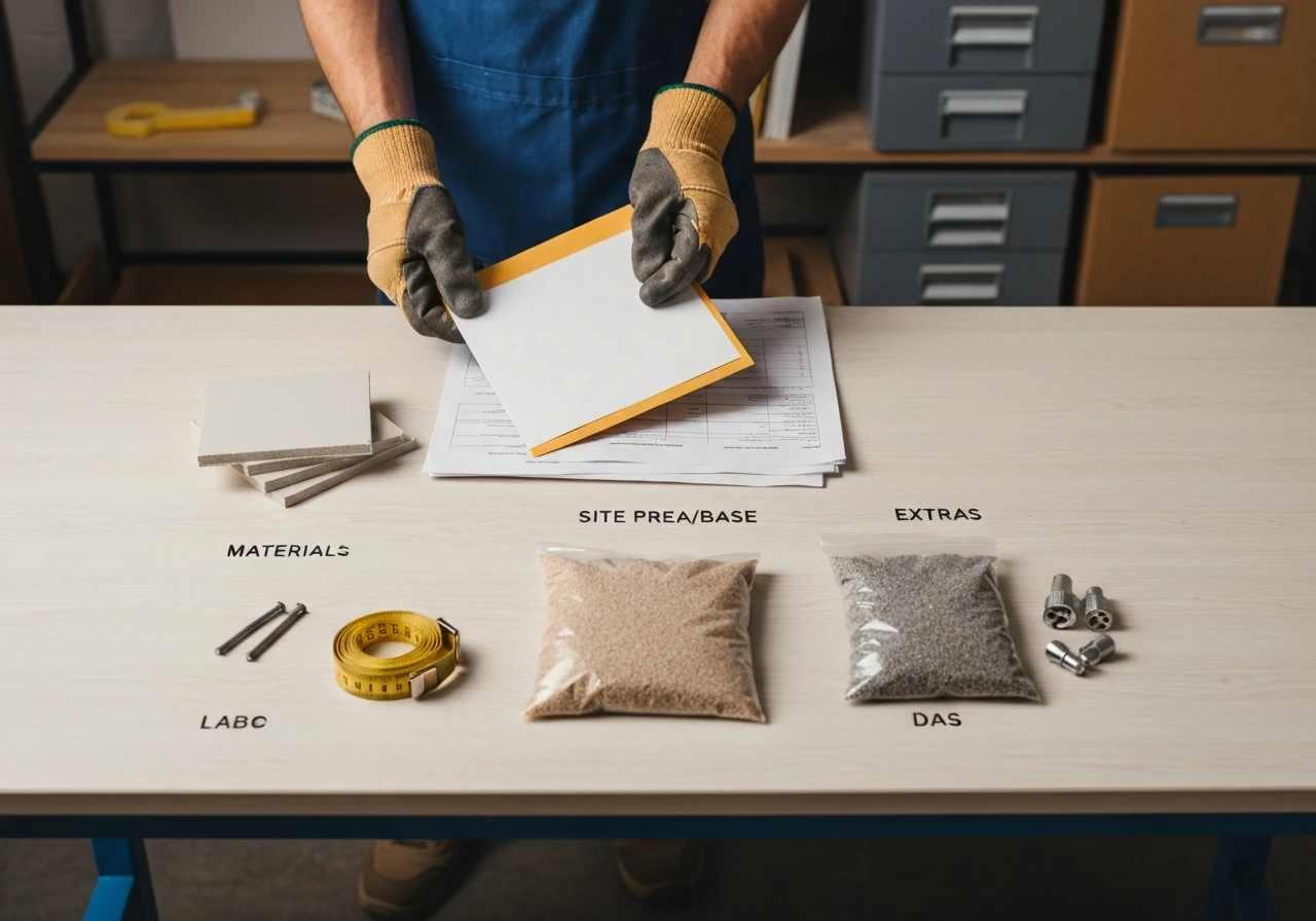 Contractor’s desk with spread invoice-style envelope folders and simple cost categories icons, showing cost breakdown