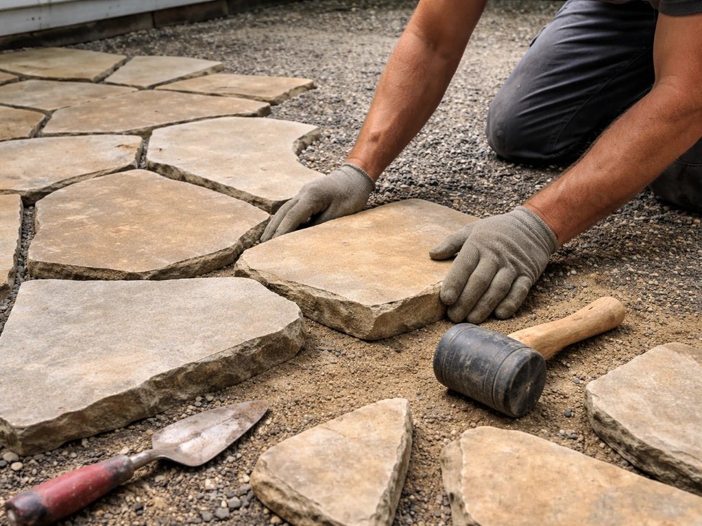 Worker hand-sets irregular flagstone pavers on a patio base with gravel and tools nearby.
