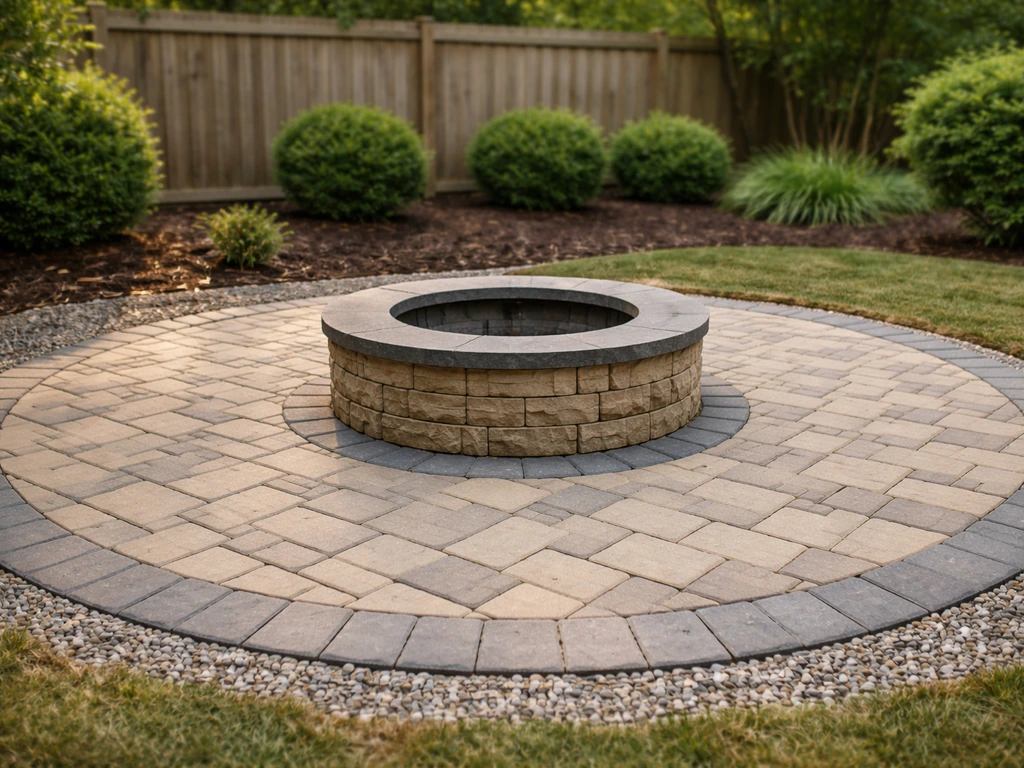Finished paver patio with a small built-in fire pit, showing surrounding paver layout in natural daylight.