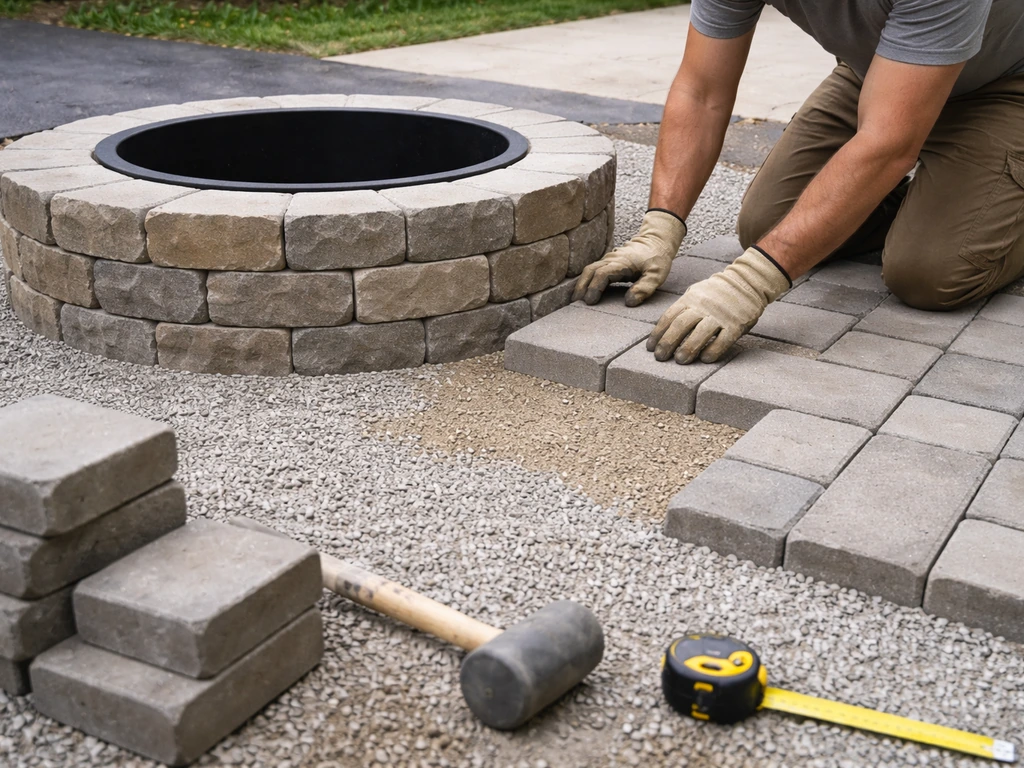 Minimal photo of an anonymous contractor measuring a small patio surface plan with a paver base and a fire pit nearby.