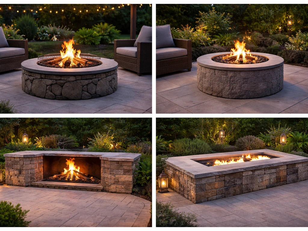 Four distinct patio fire pit setups: prefab wood, prefab gas, built-in masonry wood, and built-in masonry gas.