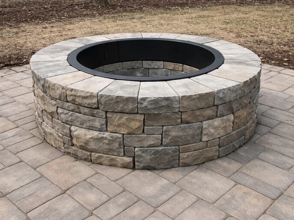 In-progress built-in masonry fire pit with steel fire ring liner and stone veneer on a patio.