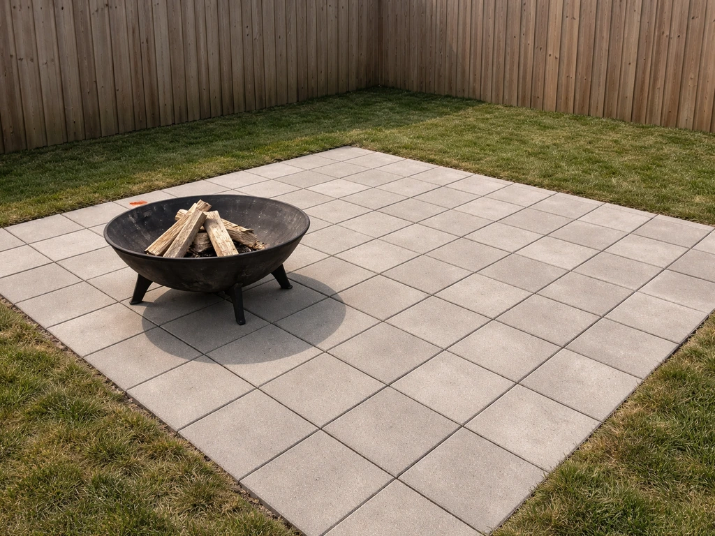Minimal backyard patio with paver stones and a freestanding cast-iron wood fire bowl, bright daylight.