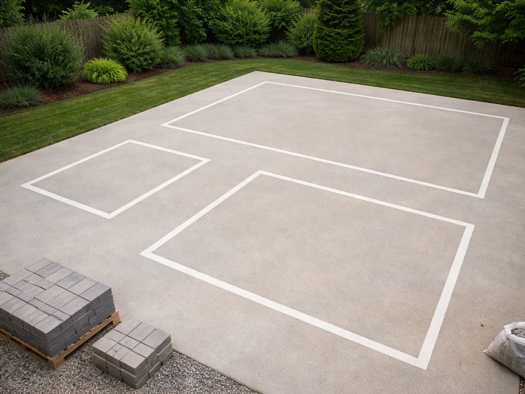 Three simple patio footprint outlines over a flat yard surface, suggesting cost tiers by size.