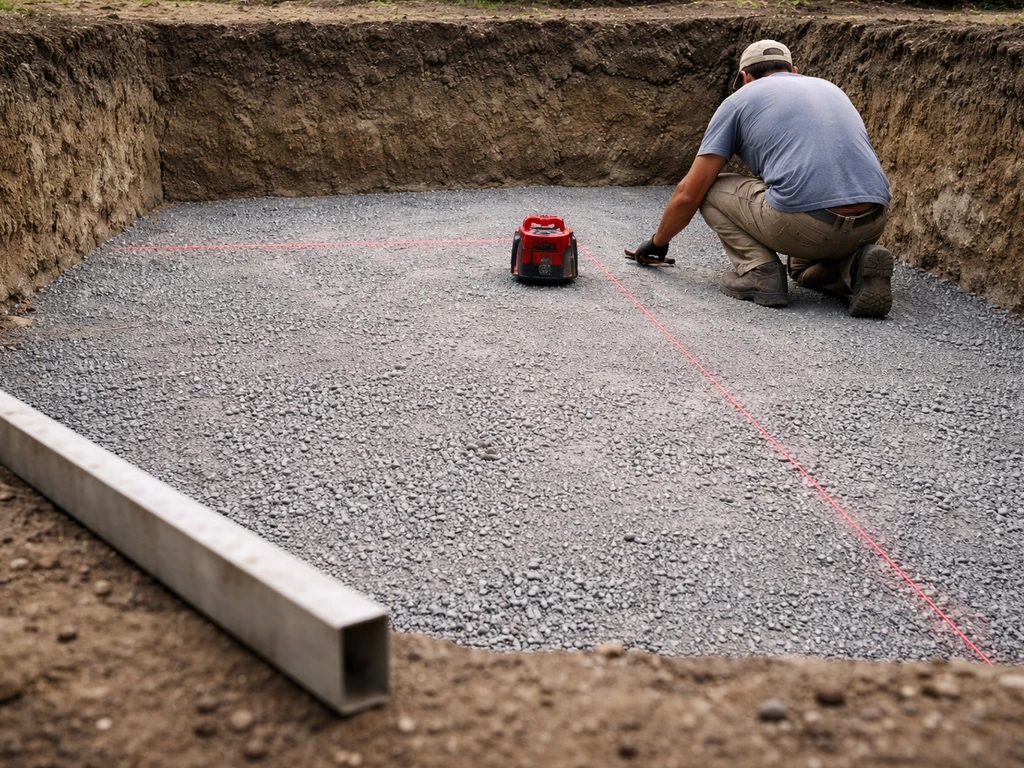 Excavated patio area with compacted gravel base and a laser/level tool checking the ground depth