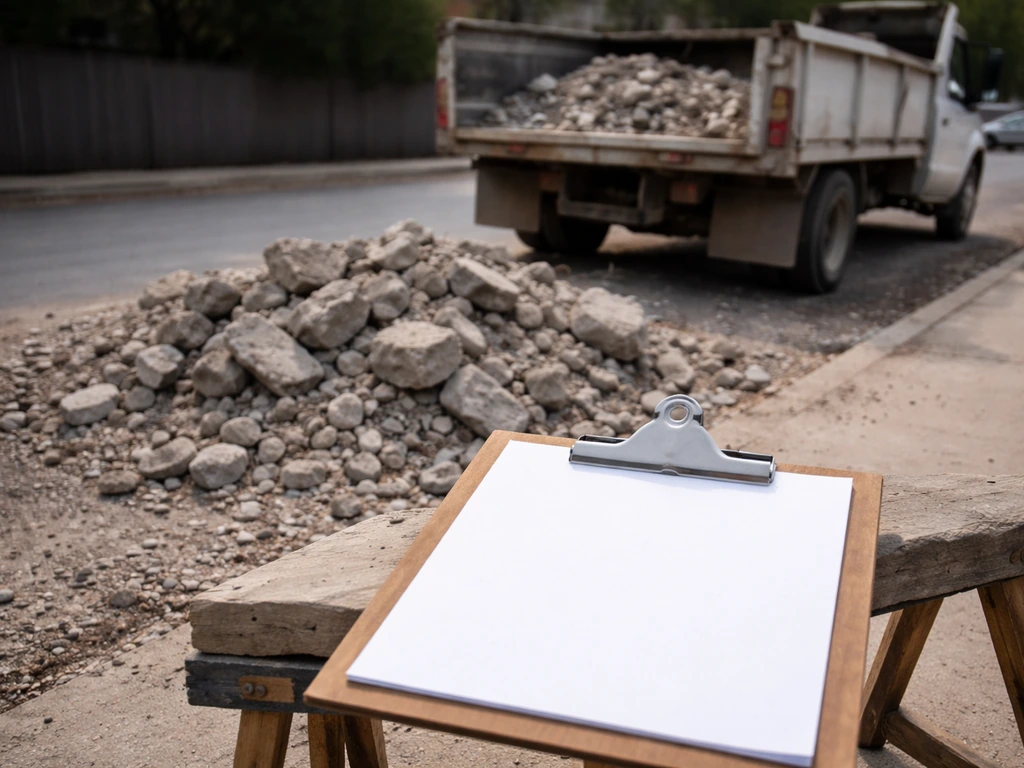 Haul-off truck with broken concrete pieces and a clipboard permit form on the sidewalk near a construction area.