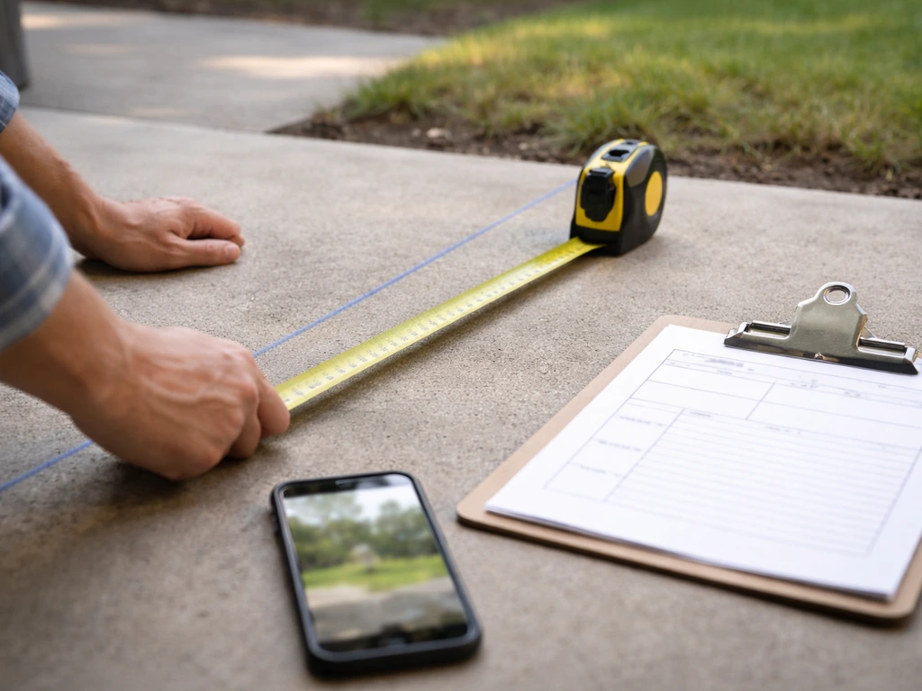Hands measuring a patio with tape measure and chalk line, worksheet and smartphone for comparing estimates.