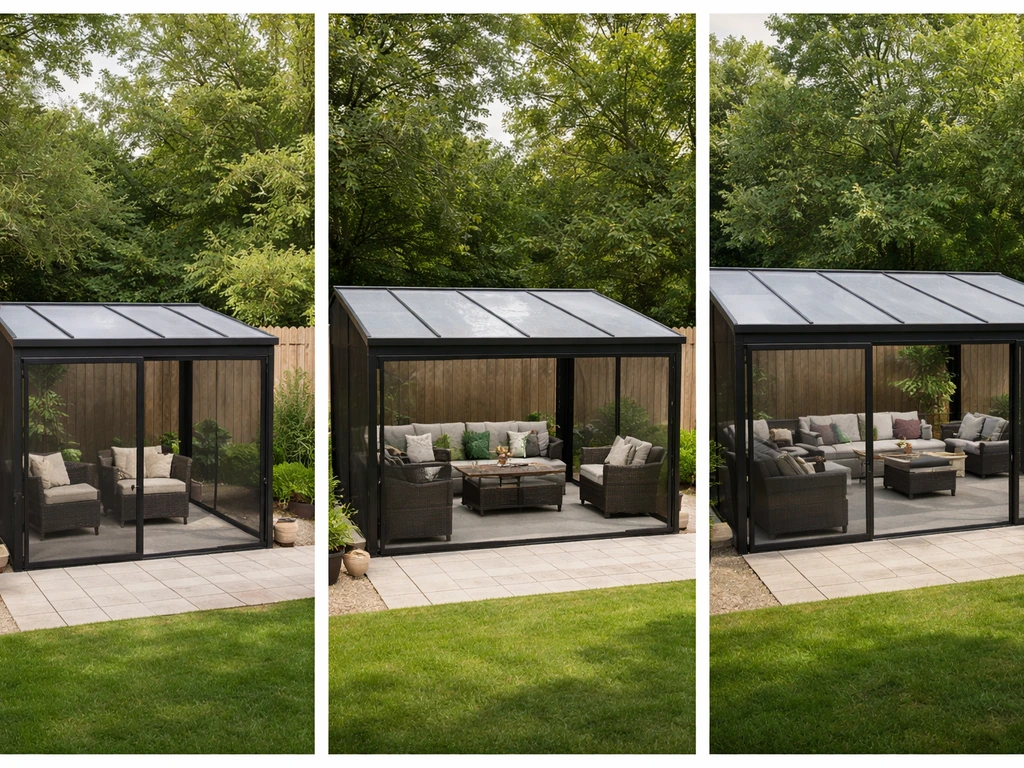 Three patio enclosures of different sizes shown as side-by-side photo scenes with consistent lighting
