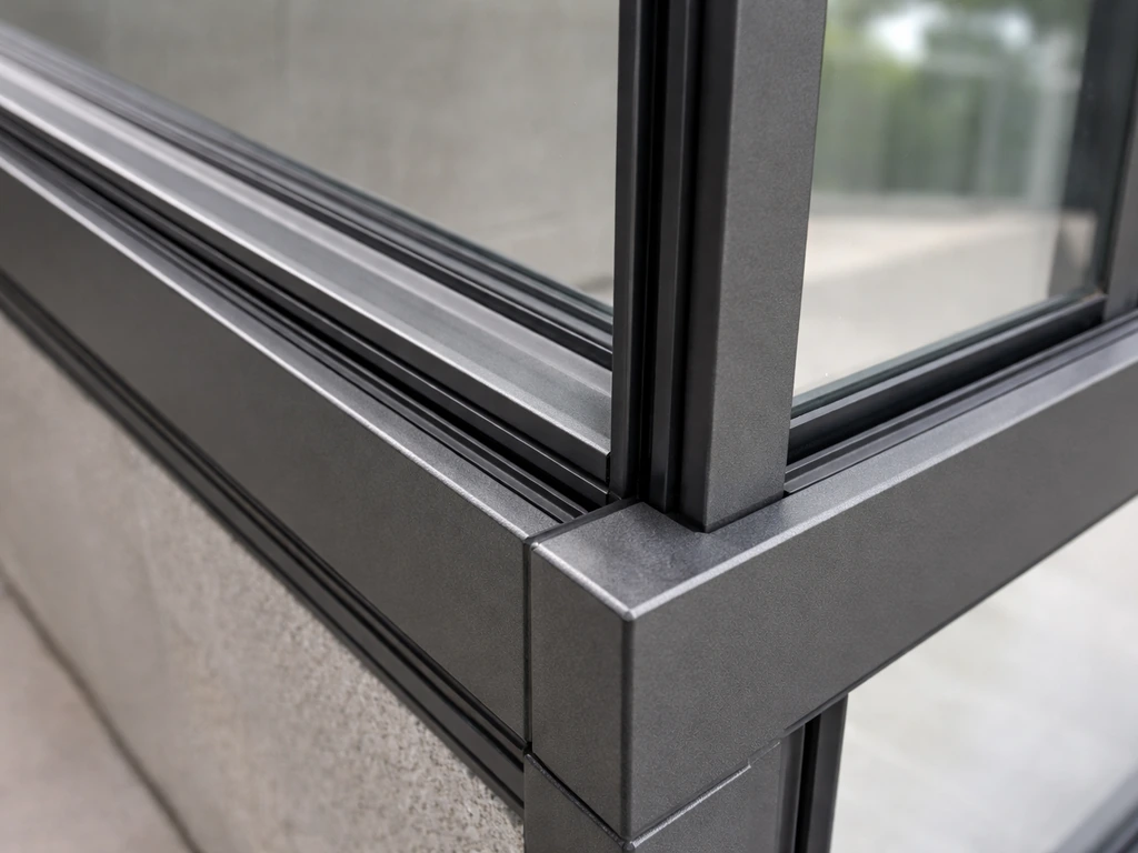 Close-up of powder-coated aluminium patio enclosure track and framing with weather-sealed details.