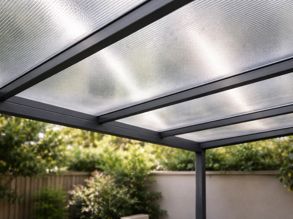 Polycarbonate patio roof panels showing light transmission and the frame supporting them.