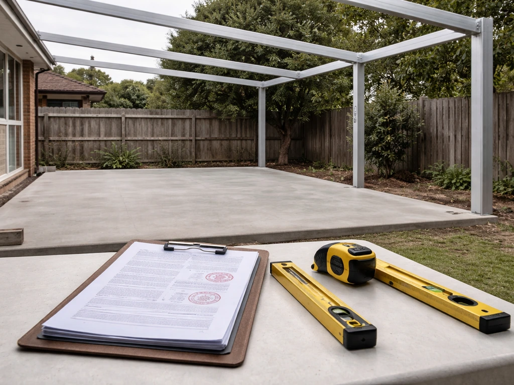 Permit paperwork and measuring tools on a patio enclosure site with a partial metal frame in the background.
