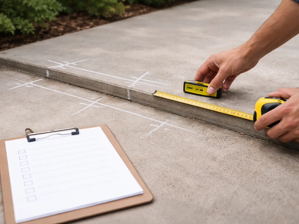Homeowner measuring a patio with a tape measure and level on a concrete slab with simple checklist overlay.