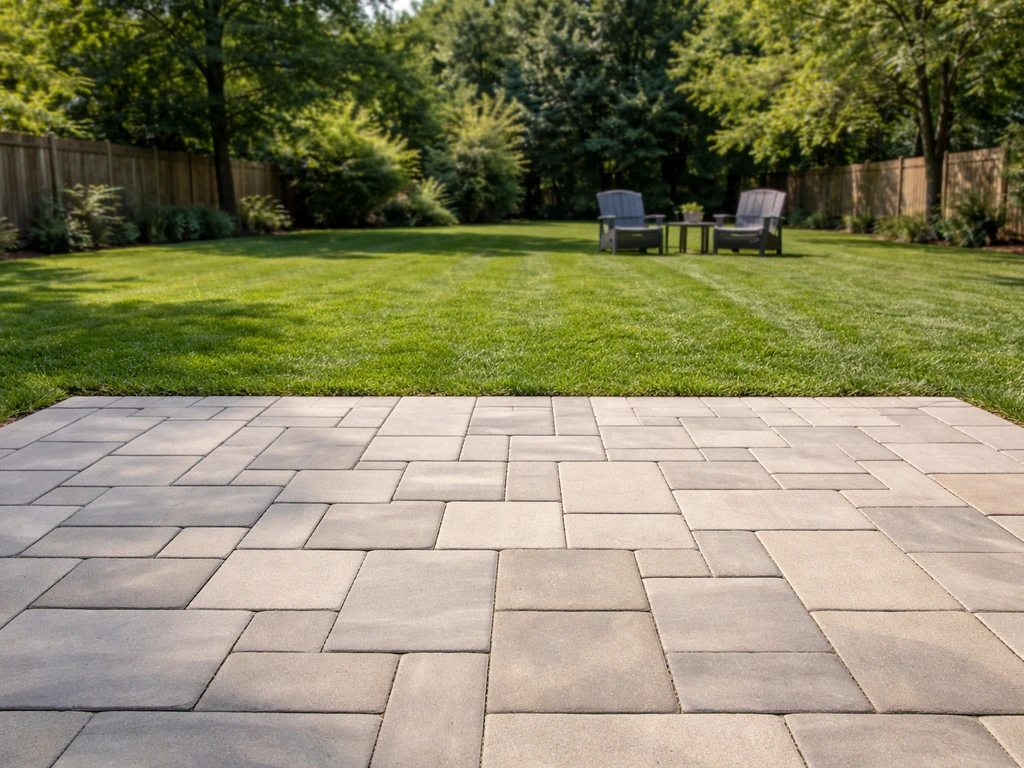 Sunlit backyard patio with visible stone paving texture and clean edges, showing real-world scale.