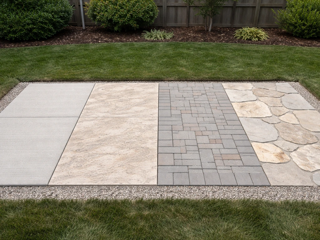 Side-by-side patio surfaces: broom-finished concrete, stamped concrete, pavers, and flagstone in a backyard.