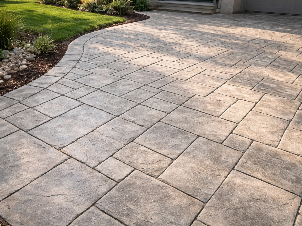 Stamped concrete driveway with a stone/paver-like pattern in a residential setting