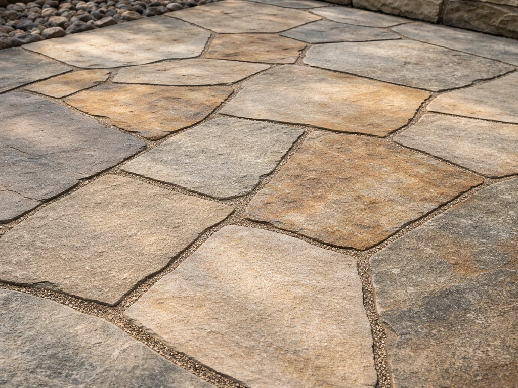 Close-up of a premium natural stone/flagstone patio with varied shapes and visible joints.