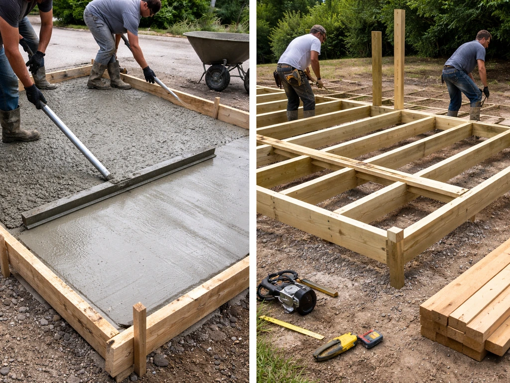 Concrete crew pouring and finishing a patio slab beside a deck framing stage with exposed joists