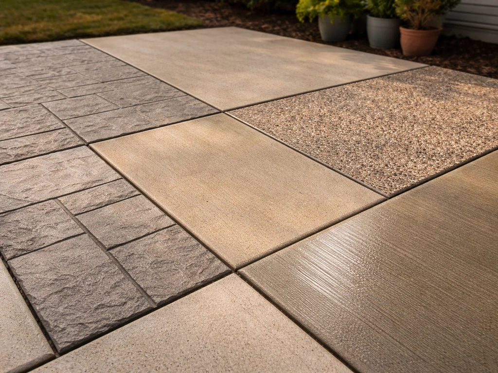Split concrete patio showing stamped, colored, exposed aggregate, and sealed broom-finish textures