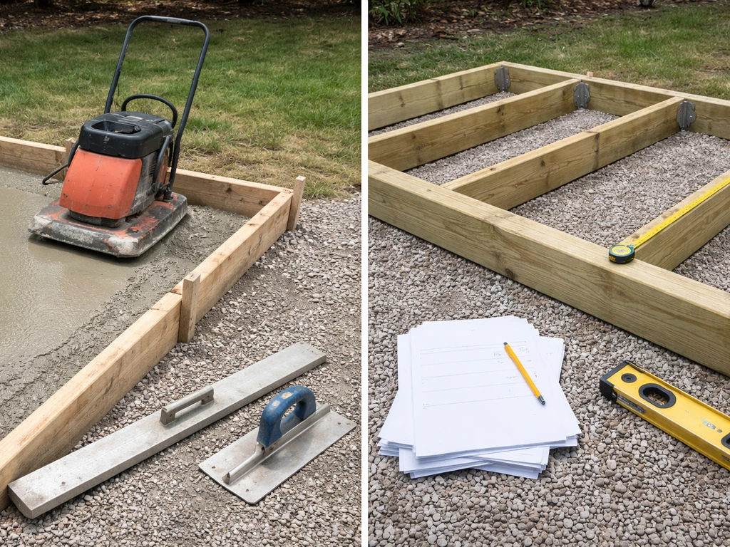 Tools for DIY concrete beside a deck framing layout with blank checklist papers, shown in natural light.