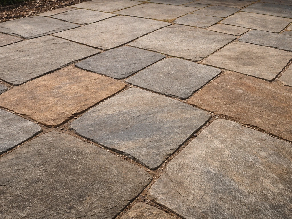 Close-up of irregular flagstone patio stones laid in a fitted pattern with natural sand between