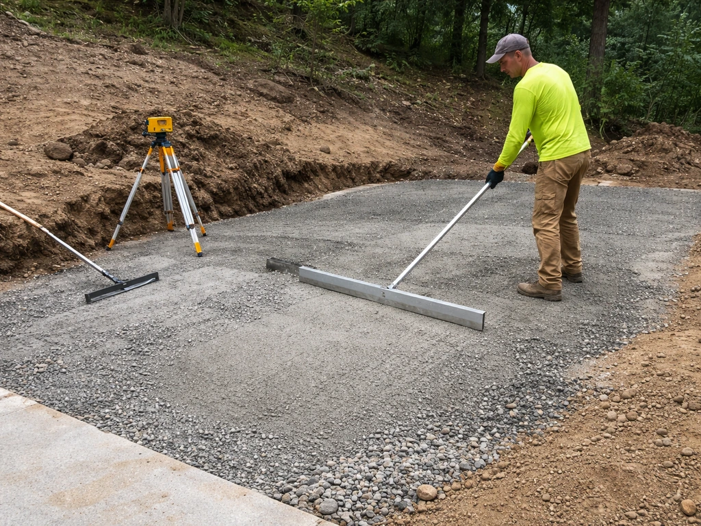 Worker leveling a sloped patio base with a laser level and straightedge on a jobsite