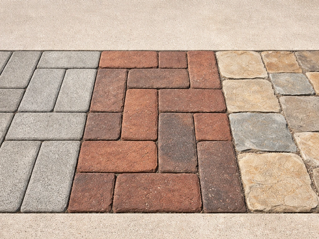 Close-up of three patio surfaces—concrete pavers, brick pavers, and natural stone—side by side for texture comparison.