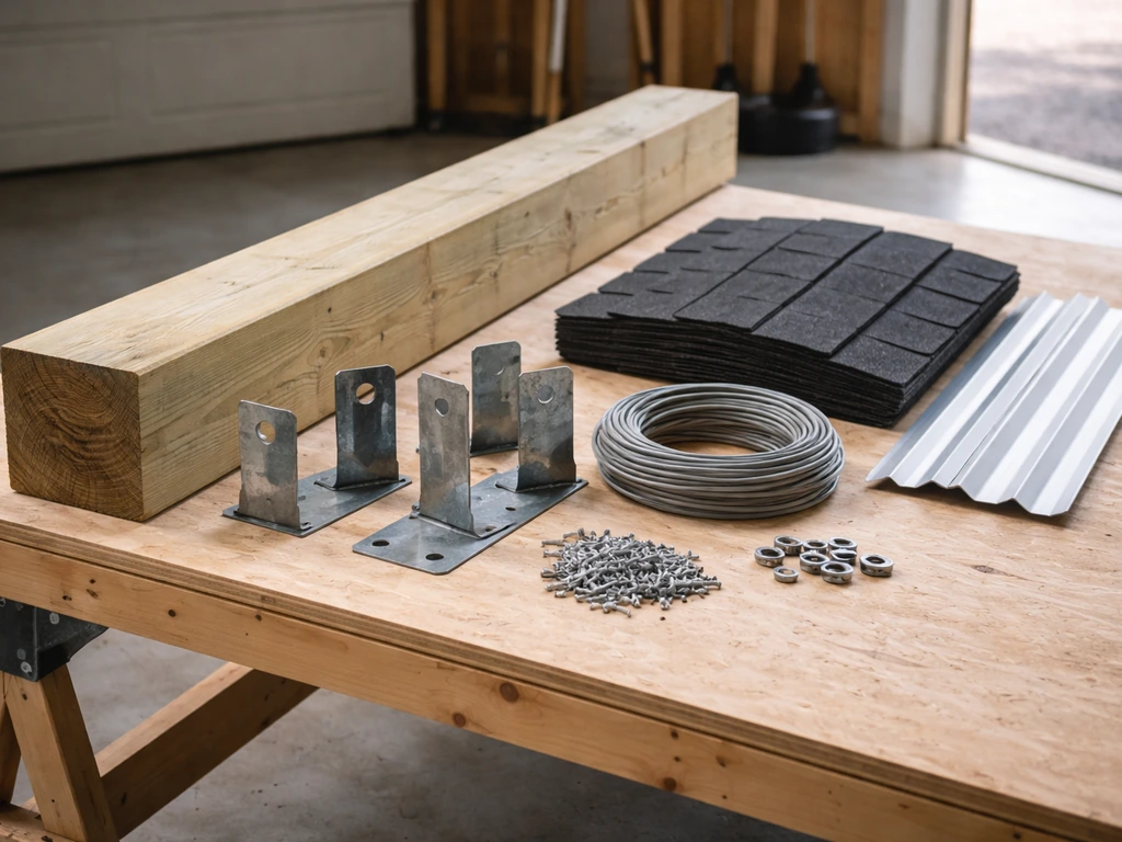 Minimal photo of a contractor’s workbench with tools and a neatly laid covered patio material set.