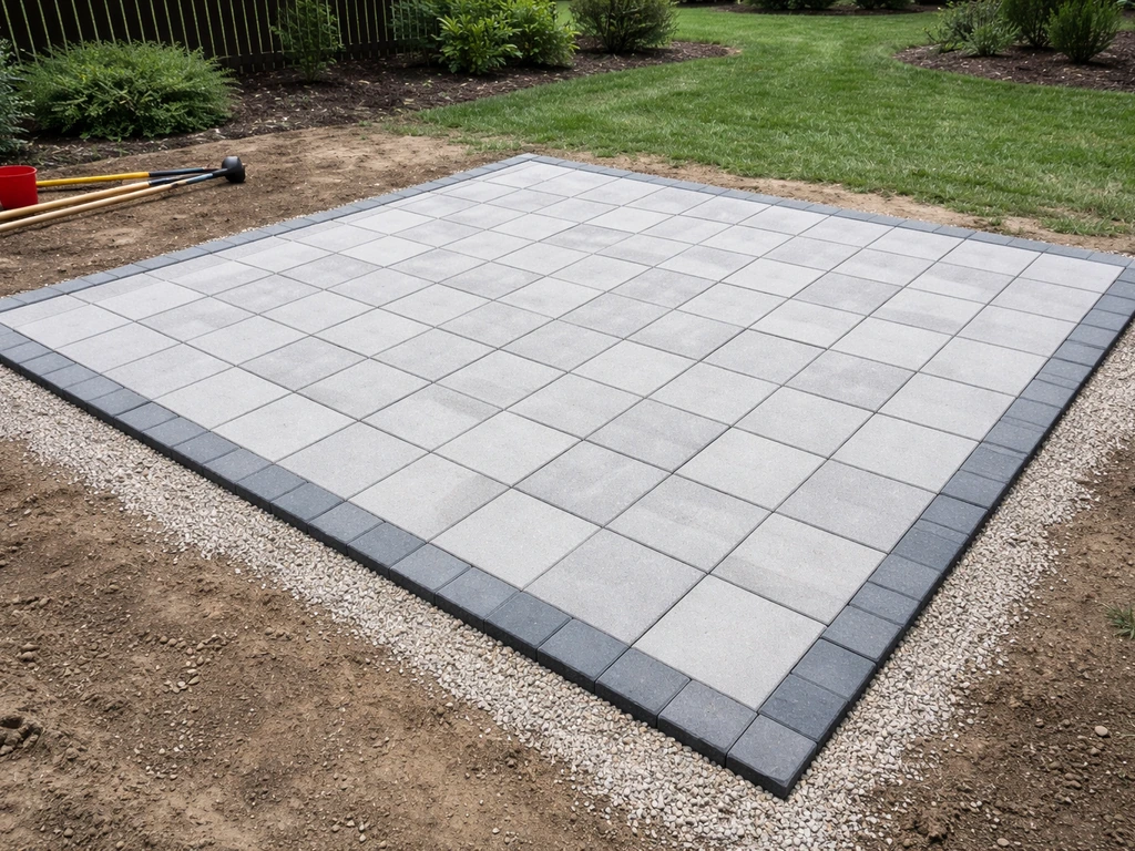 Freshly laid square pavers on a prepared base with clean edging in a residential backyard patio space.