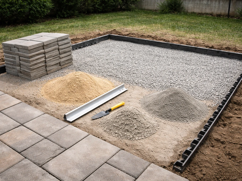 Neatly laid patio materials—pavers, gravel base, bedding sand, edging restraints, and polymeric sand.