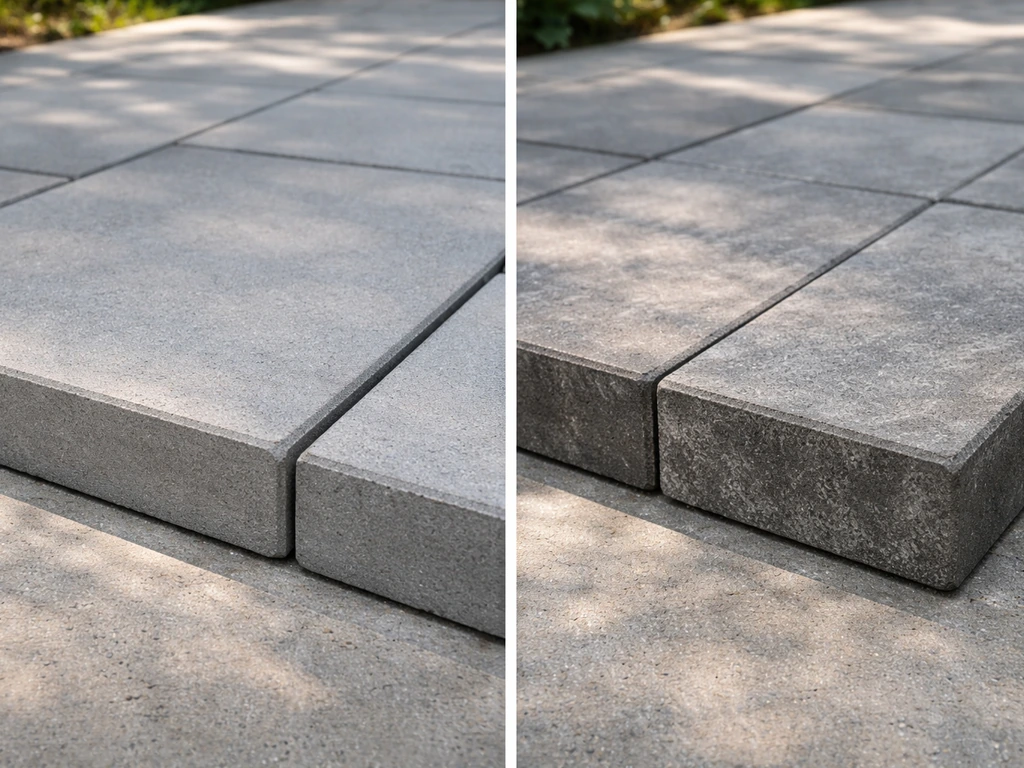 Close-up comparison of thinner vs thicker concrete pavers, side-by-side in natural light.