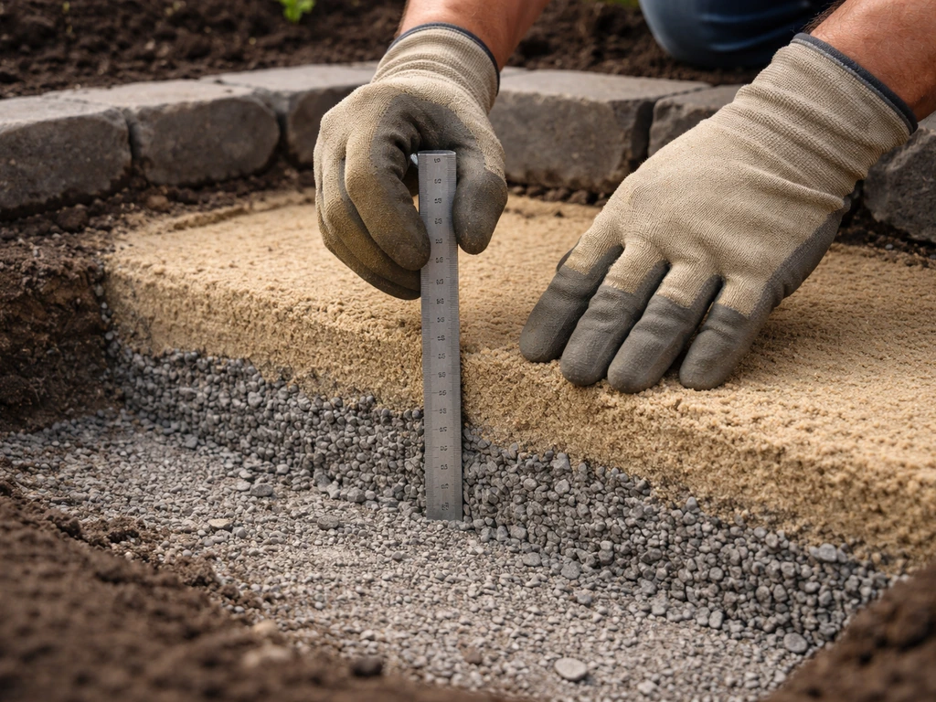 Worker checking compacted gravel and bedding sand depth in a shallow patio trench with a metal depth gauge.