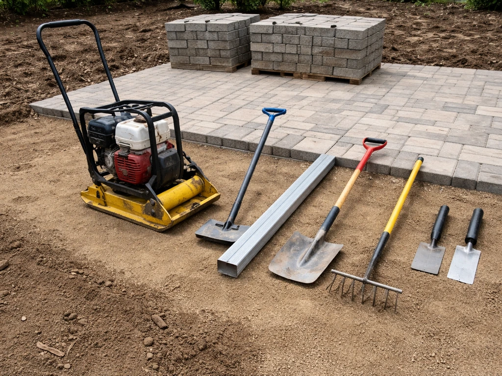 Hand tools and a plate compactor beside stacked pavers on a homeowner patio area
