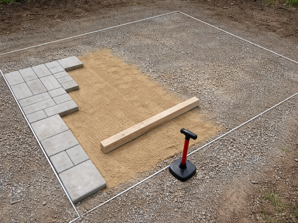 Angled view of a DIY paver patio site with taped layout, gravel base, sand bed, and a few pavers placed.