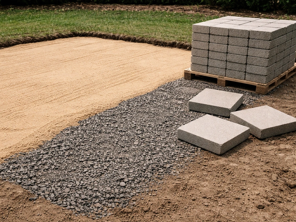 Close-up of 20x20 patio materials: neatly stacked pavers with compacted gravel and bedding sand layers.