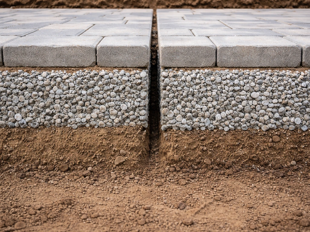 Minimal cross-section view comparing a 4-inch and 6-inch compacted gravel patio base depth