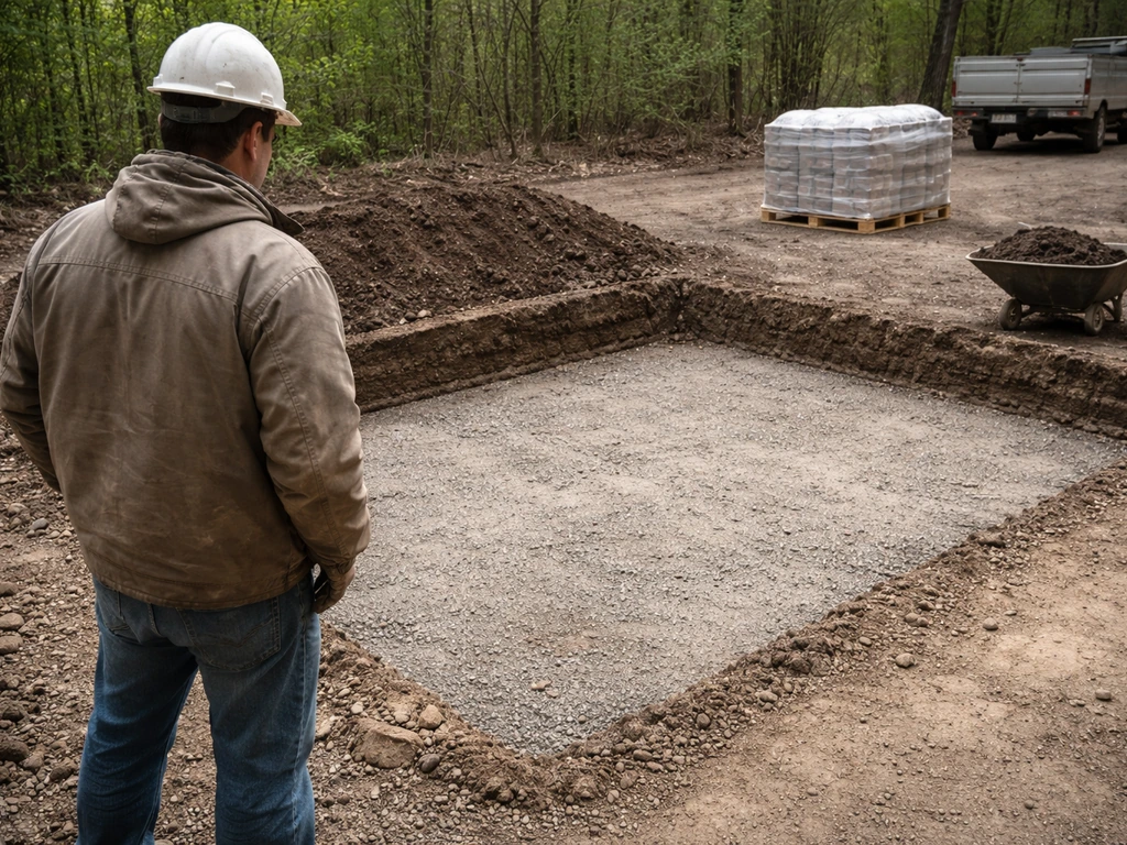 Contractor near excavated patio area with removed soil piled and a material pallet for delivery logistics.