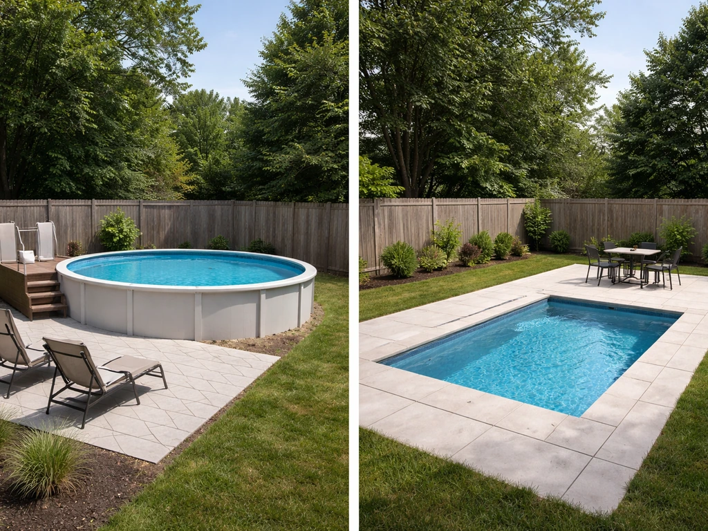 Split-screen style photo showing two simple backyard pool-and-patio setups for quick cost comparison.