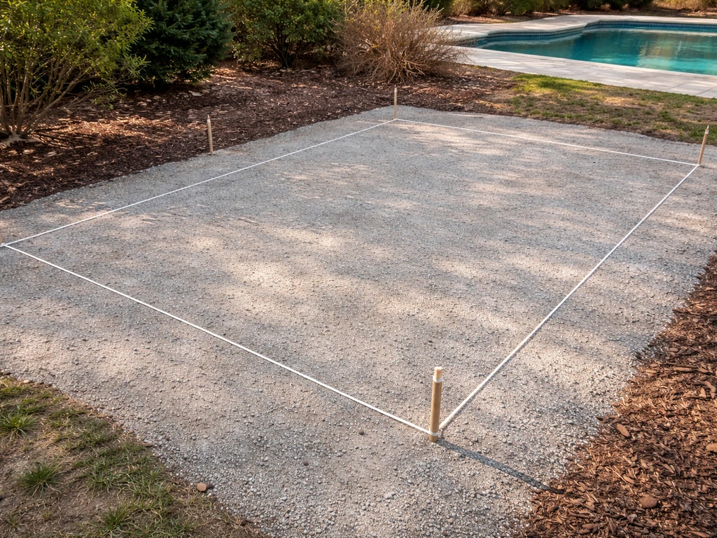 Top-down view of a marked rectangular patio area on the ground with a simple grid and stakes near a pool